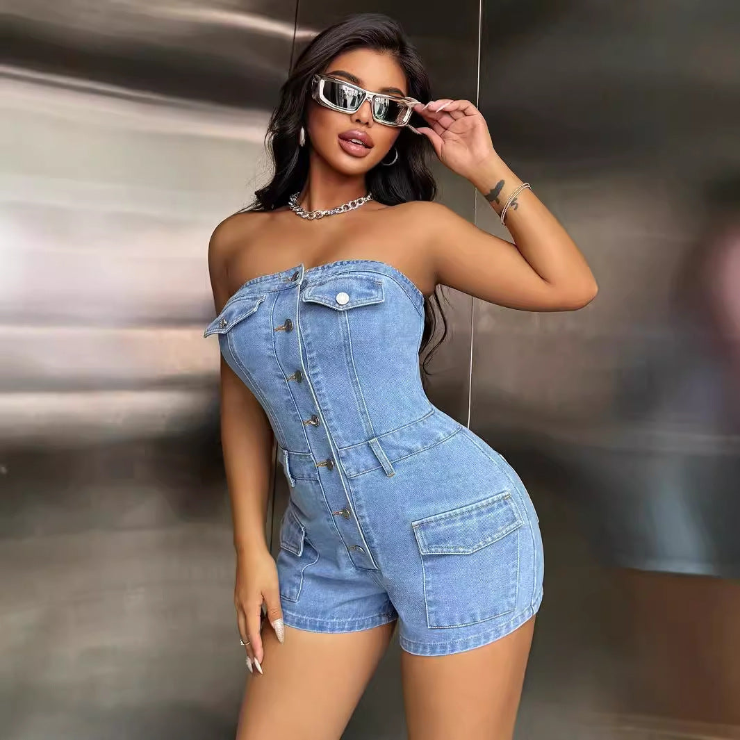 Womens Strapless Denim Romper | Button Front, Fitted Waist, Pocket Detail | noémi