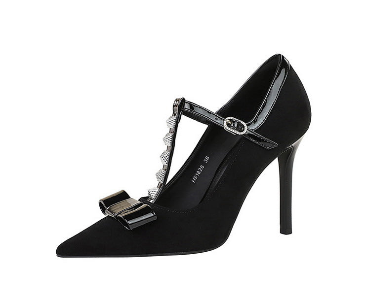 Women’s T Strap Suede High Heels | Pointed Toe, Bow & Rivet Detail | noémi