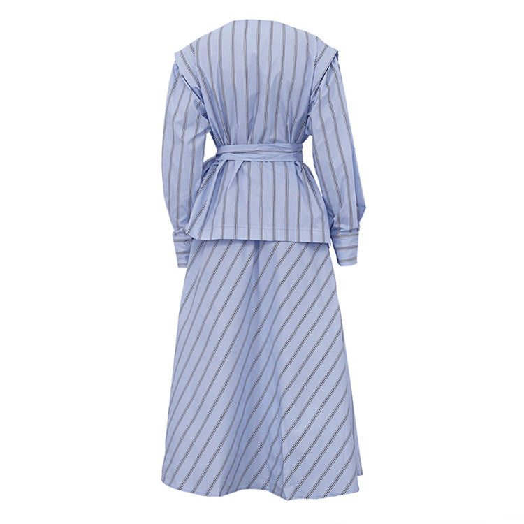 Womens Striped Two Piece Skirt Set | Long Sleeve Round Neck Pullover Top with Tie Waist | noémi