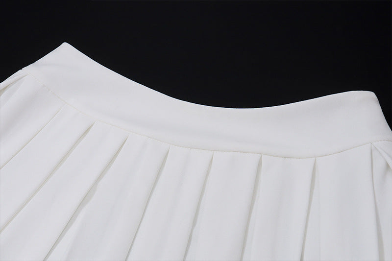 Womens Two Piece Set | White V Neck Sleeveless Vest Pleated Mini Skirt | noémi