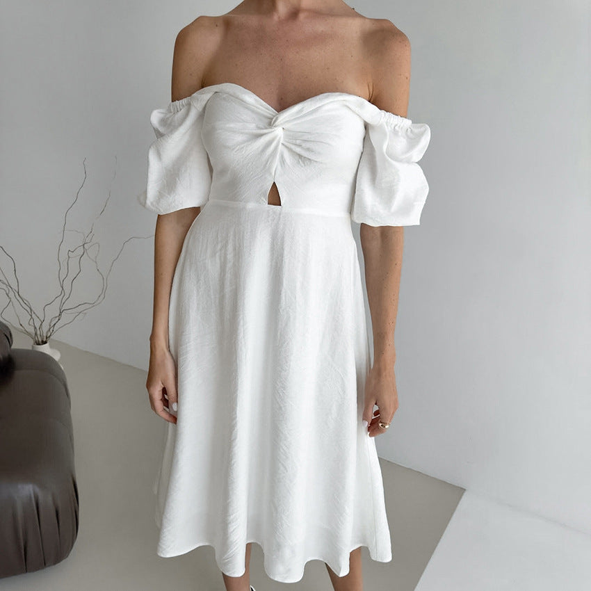 Women A Line Puff Sleeve Dress with Square Neck and Textured Fabric | noémi