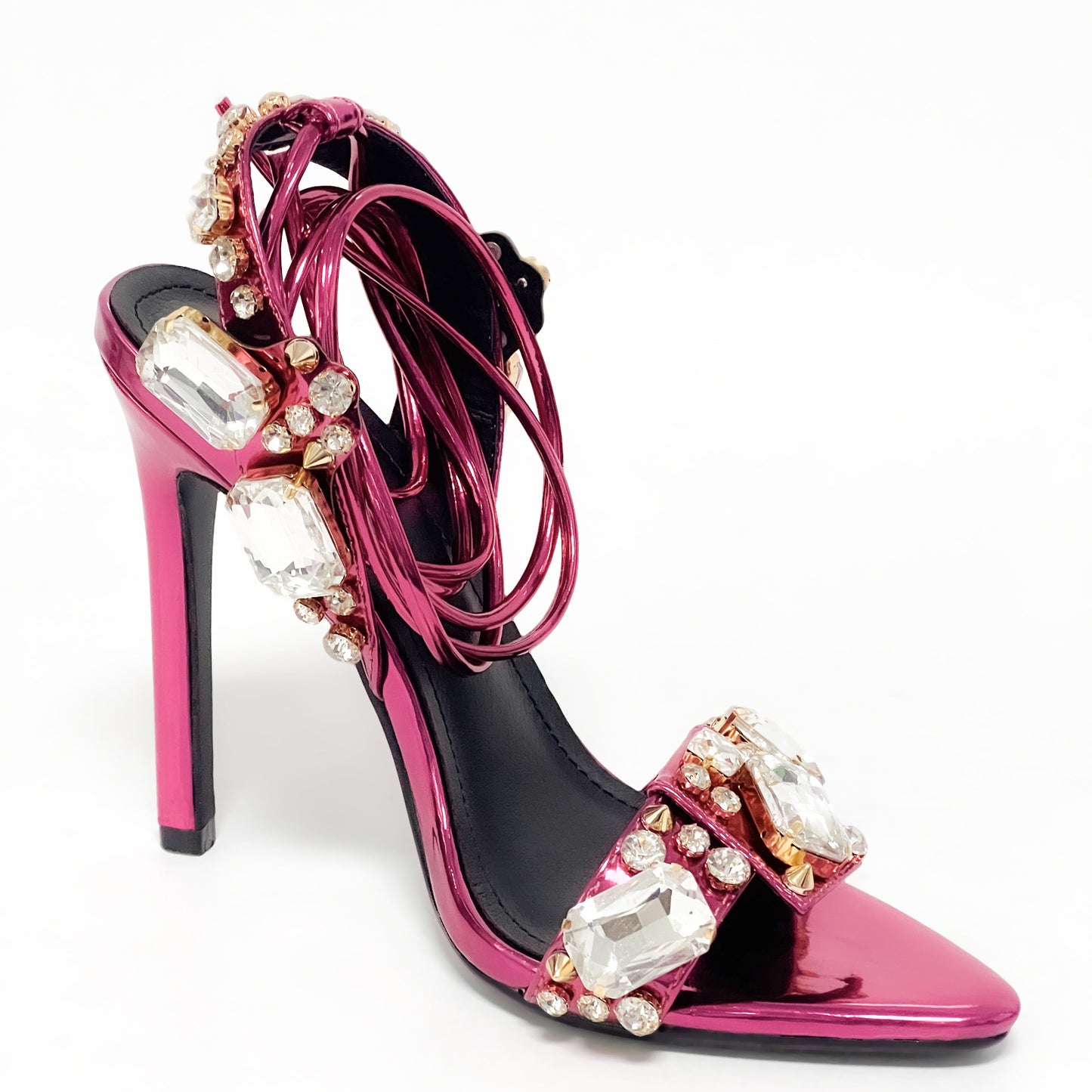 Crystal Embellished Metallic Heels | 11cm Rhinestone Lace Up High Heels | Pointed & Open Toe Sandals | noémi