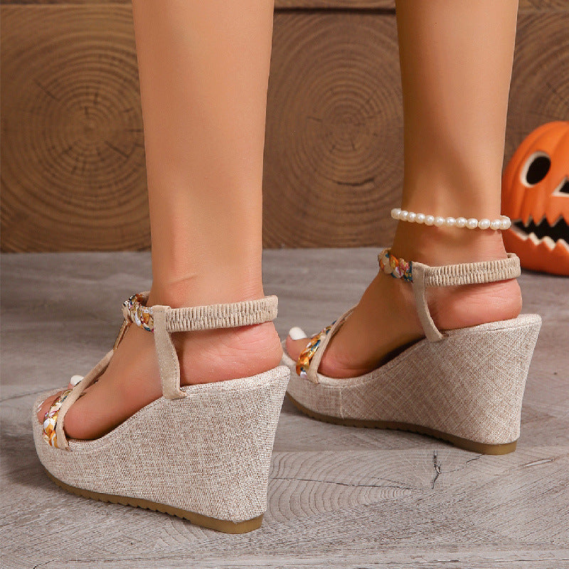 Women's Beaded T Strap Espadrille Wedge Sandals | Platform Peep Toe Summer Shoes | noémi