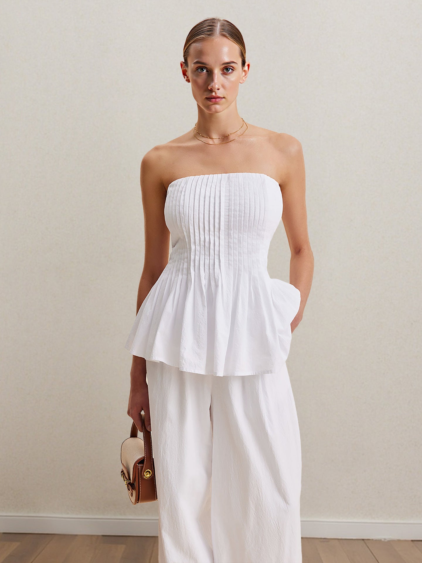 2 Piece White Tube Top & Trousers Set | Strapless Peplum Top | Wide Leg Pants | noémi