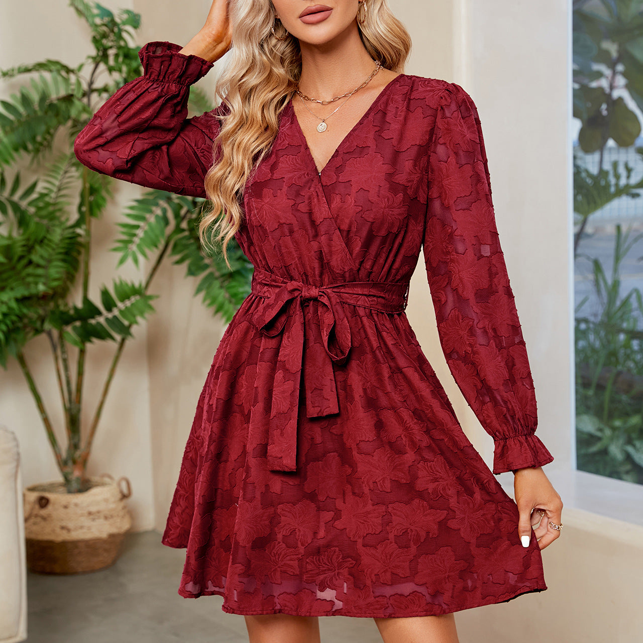 Lace Cocktail Dress | V Neck Long Sleeve Flare with Belt | noémi