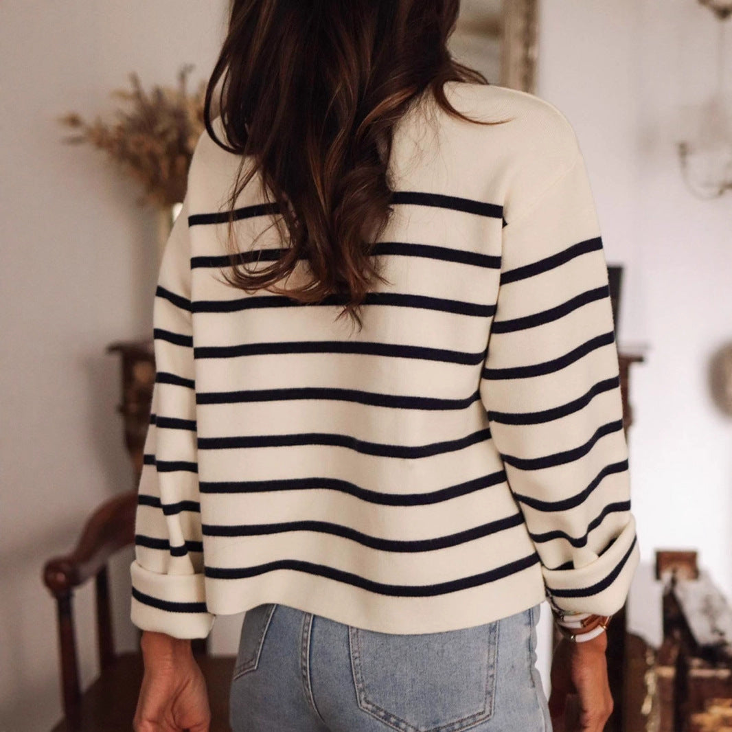 Striped Button Cardigan | Womens Long Sleeve Knit Sweater, Black & White | noémi