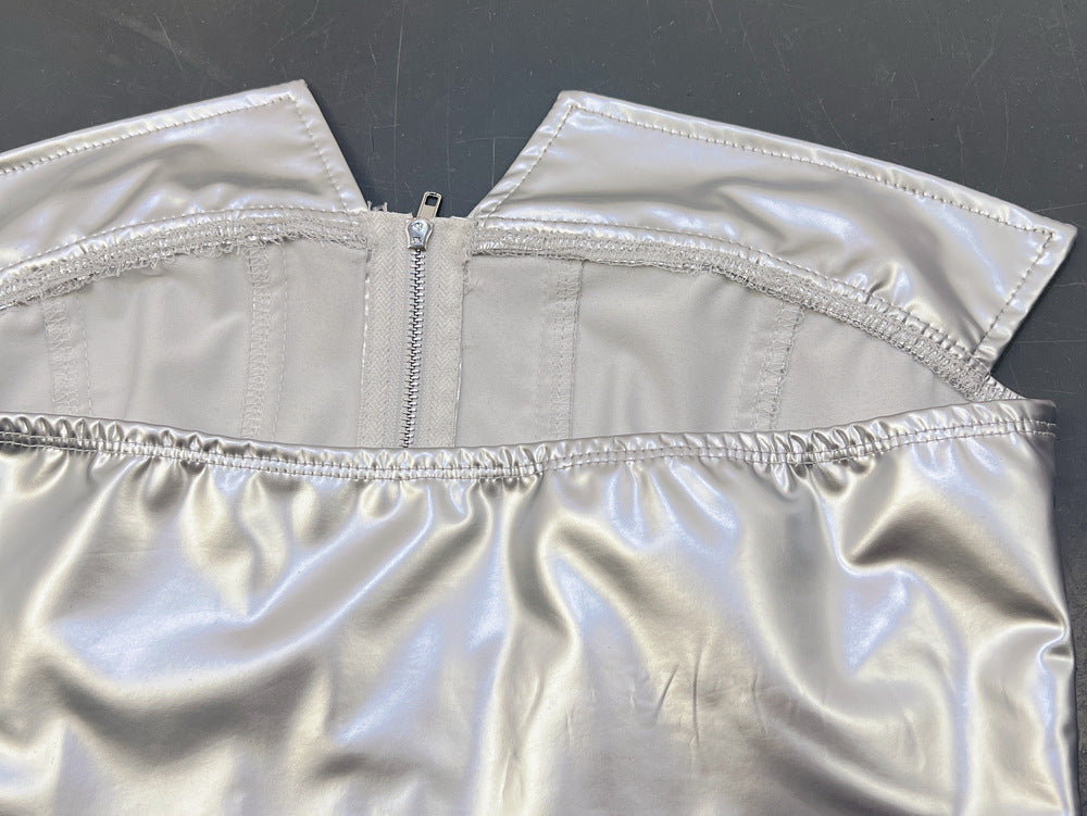 Metallic Faux Leather Corset Top | Silver ZipUp Boned Tube Top with Off Shoulder Detail | noémi