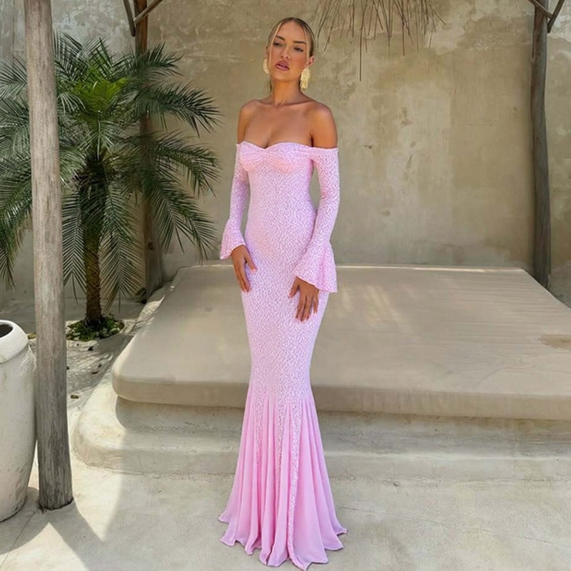 Off Shoulder Pink Lace Gown | Mermaid Maxi Dress | noémi