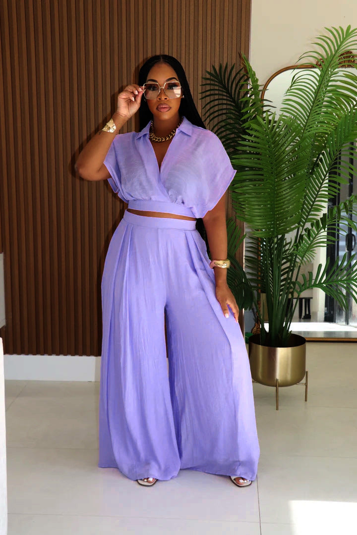 Polo Collar V Neck Batwing Top & Wide Leg Trousers Set | noémi