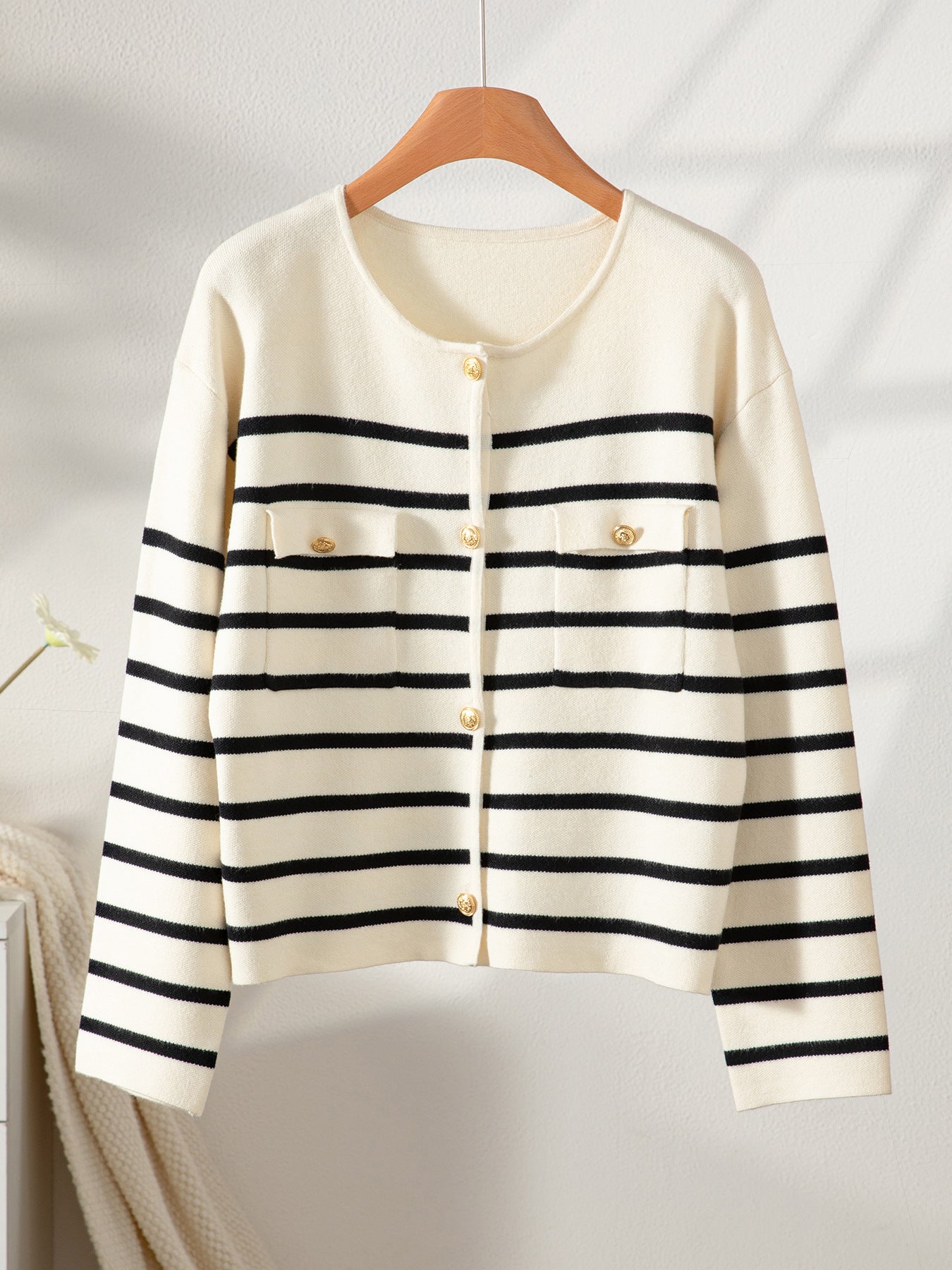 Striped Button Cardigan | Womens Long Sleeve Knit Sweater, Black & White | noémi
