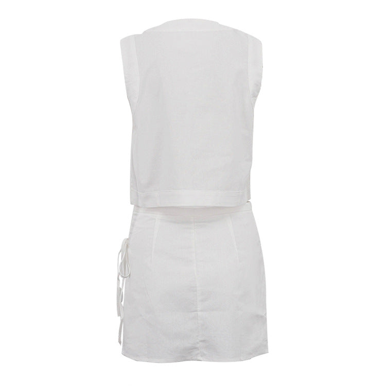 Sleeveless Waistcoat Lacing Cross Top Two Piece Set | Pantskirt | noémi