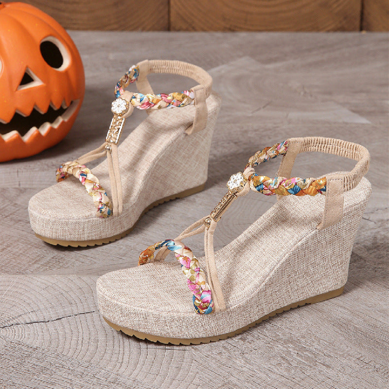 Women's Beaded T Strap Espadrille Wedge Sandals | Platform Peep Toe Summer Shoes | noémi