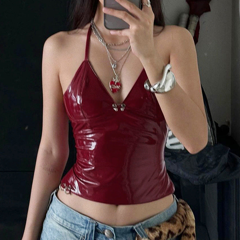 Wine Red Faux Leather Halter Top | Backless, ZipUp Camisole with LaceUp Detail | noémi