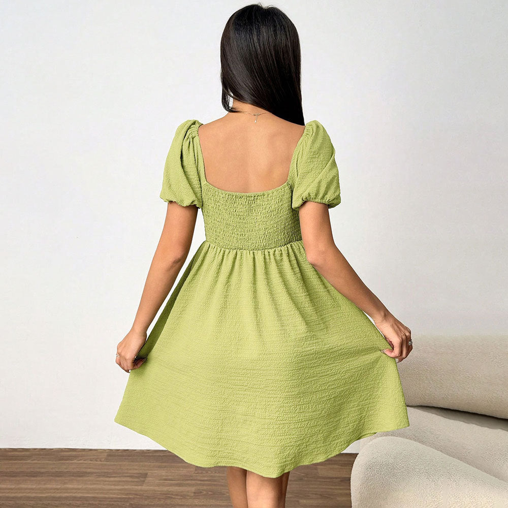 Women Square Neck Puff Sleeve Dress with Waist Shaping and Short Sleeves | noémi