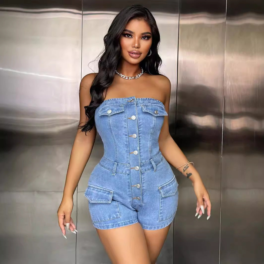 Womens Strapless Denim Romper | Button Front, Fitted Waist, Pocket Detail | noémi