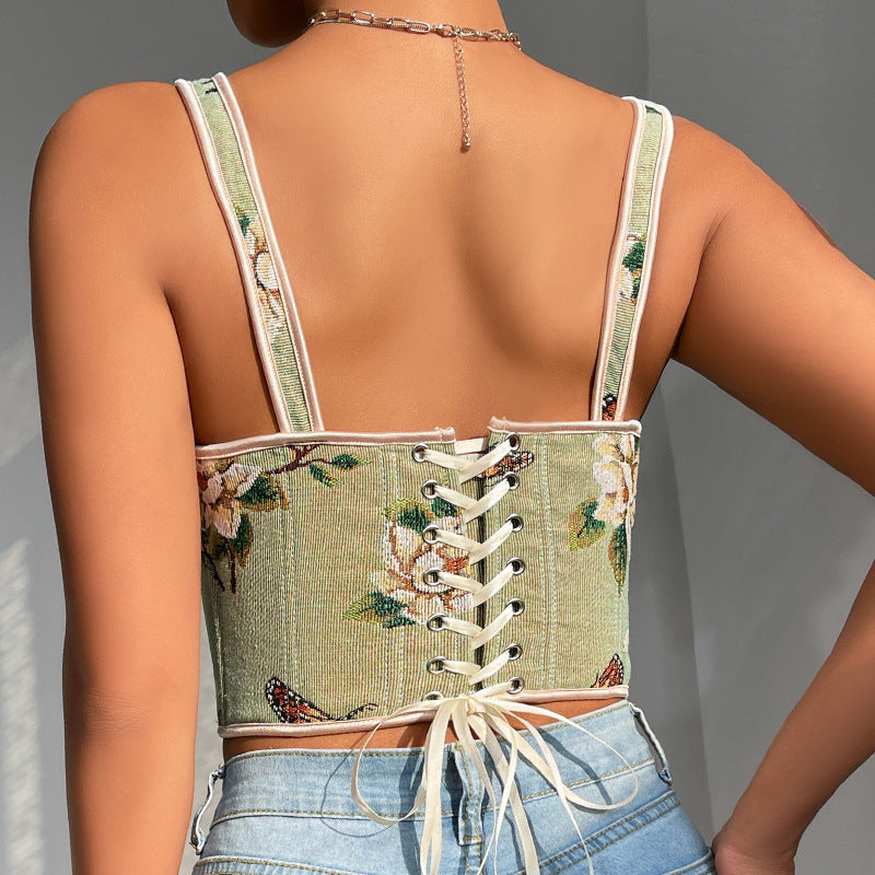 Floral Print Bow Shoulder Strap Corset Vest with Fitted Silhouette | noémi