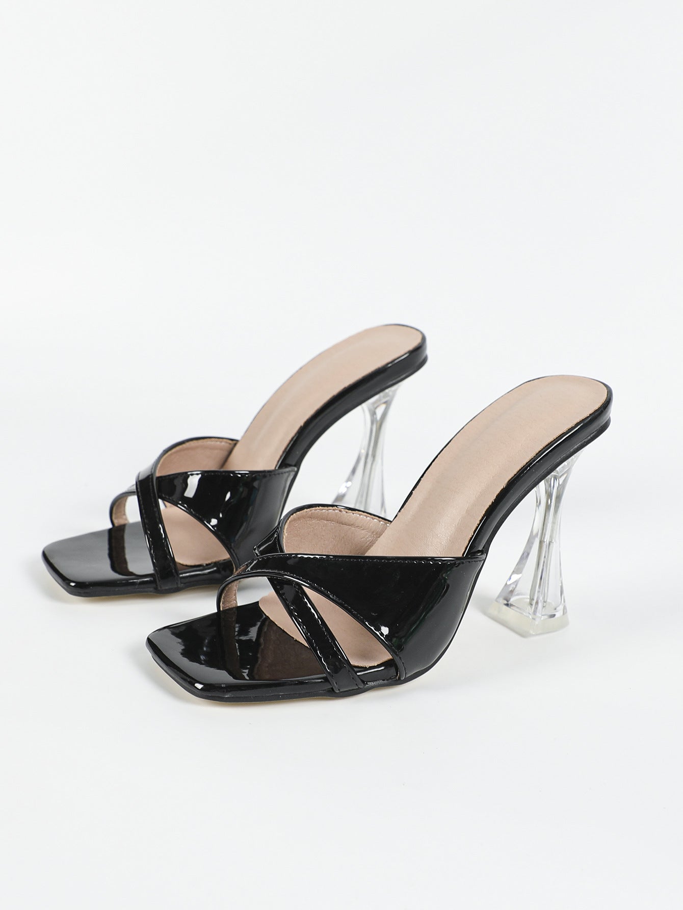 High Heels Open Toe Square Toe Slippers with Transparent Crystal Heel | noémi