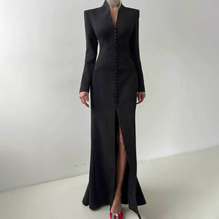 Blazer Gown | Structured Long Sleeve Maxi Dress with Slit, Tuxedo | noémi