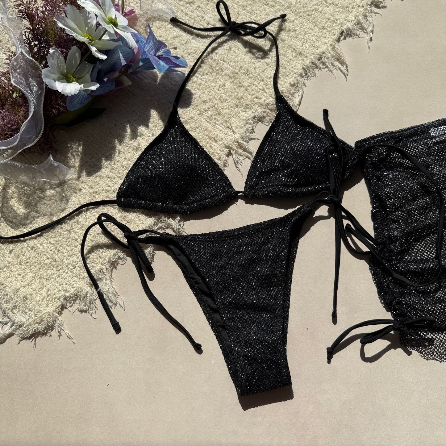 Lace Up Three Piece Split Bikini Swimsuit in Solid Color | noémi