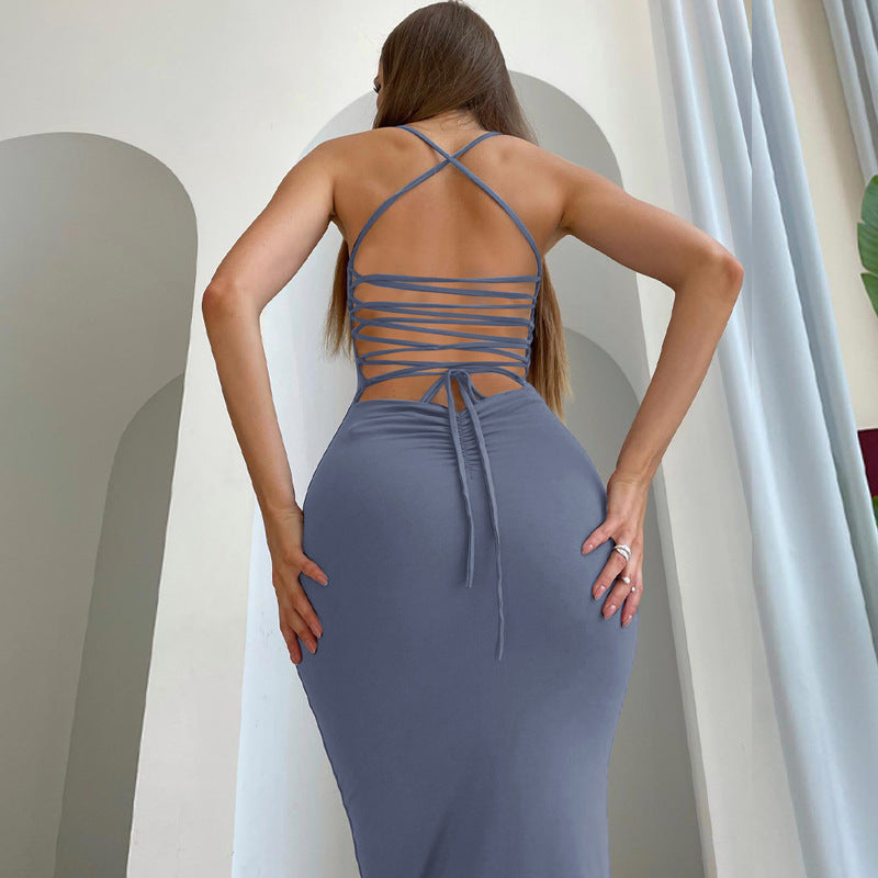 Womens Backless Bodycon Midi Dress | Lace Up, Slim Fit, Spaghetti Strap | noémi