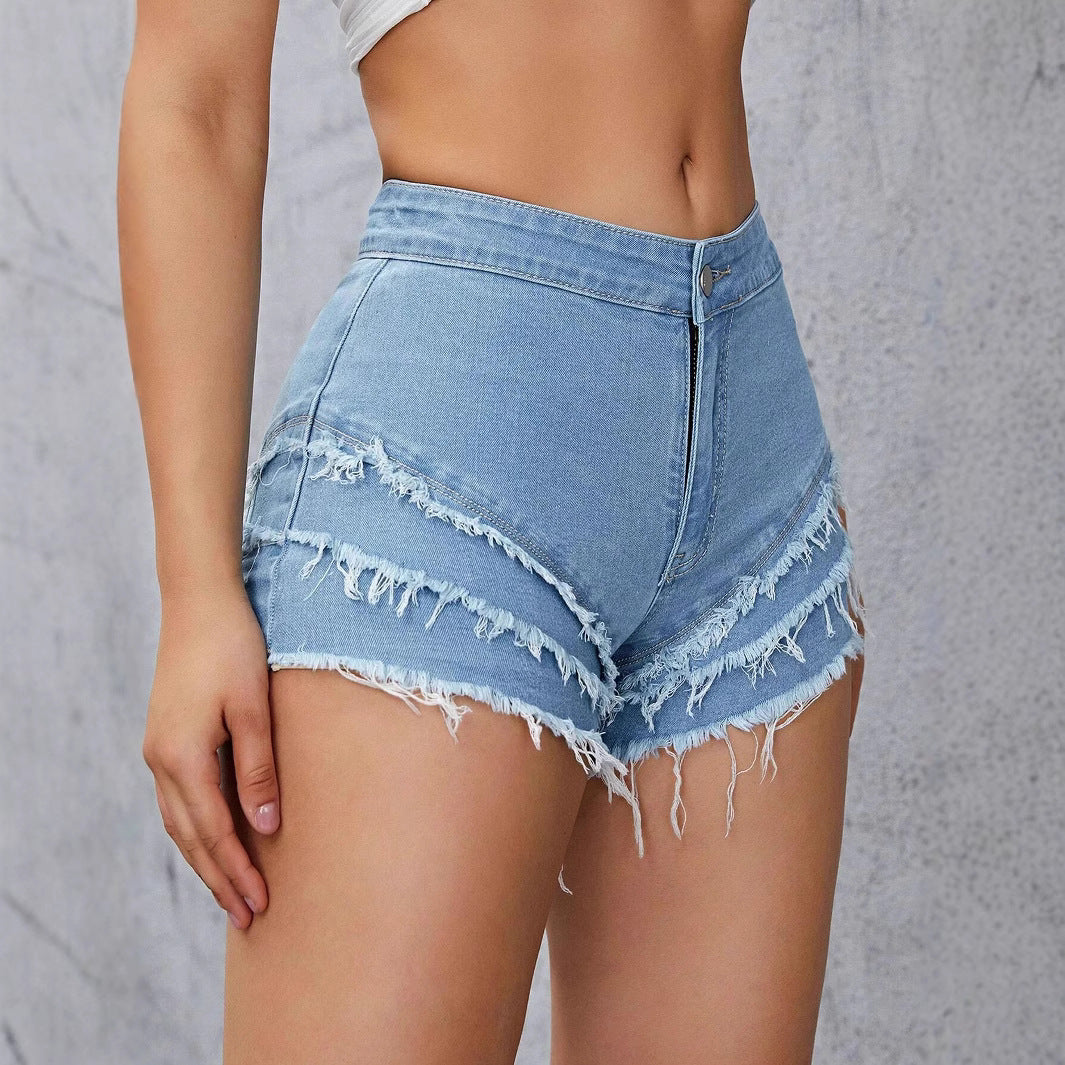 Multi Layer Frayed Stretch Shorts | Distressed Raw Hem Cheeky Jean Shorts with Layered Fringe | noémi