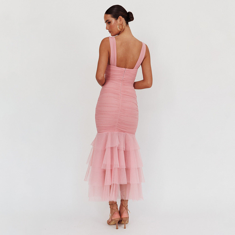 Layered Tulle Strap Dress | Ruched Bodycon Midi | noémi