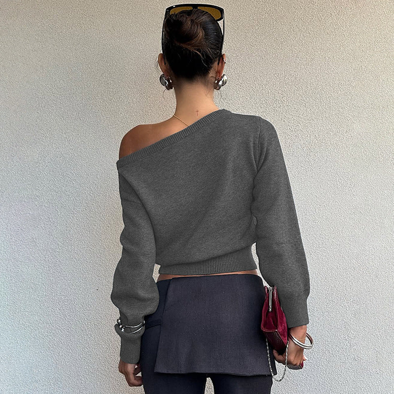 Womens Cropped Top | Slim Fit, Diagonal Collar Long Sleeve | noémi