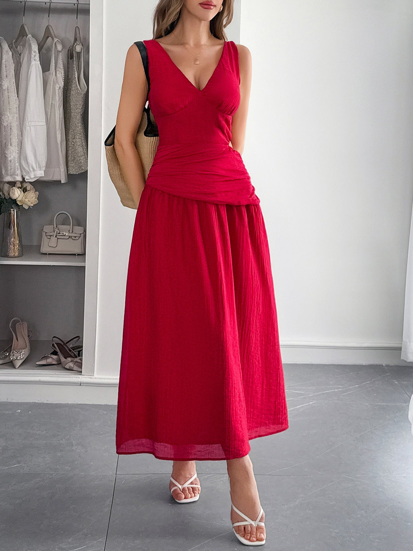 VNeck Maxi Dress | Sleeveless Ruched Waist Flowing Dress | noémi