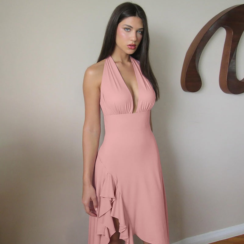 Summer Halter Dress, V Neck, Backless, Ruffle Hem, Waist Sculpting | noémi