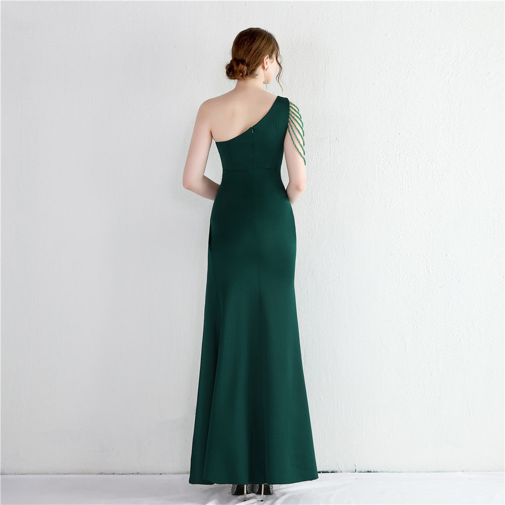 Satin Beaded One Shoulder Fishtail Gown | Slim Fit Slit Maxi Dress | noémi
