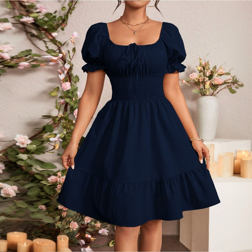 Navy Blue Square Collar Backless Mid Length Dress with Puff Sleeves | noémi