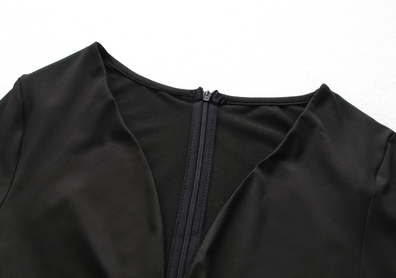 Pleated V Neck Dress with Fitted Waist and Long Sleeves | noémi