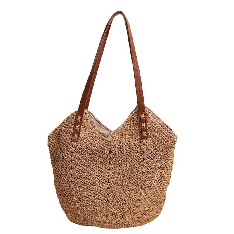 Cotton-Woven Shoulder Tote Bag – Hollow-Out Large-Capacity Beach Carryall, Cream | noémi