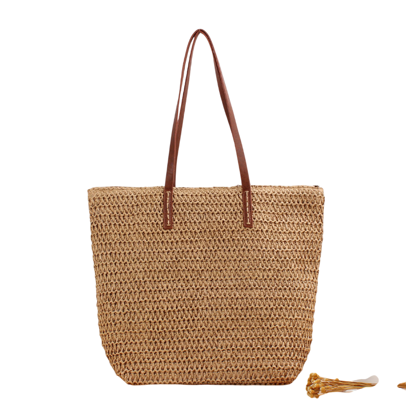 Brown Straw Woven Shoulder Bag – Pure Color Minimalist Tote for Daily Commute | noémi