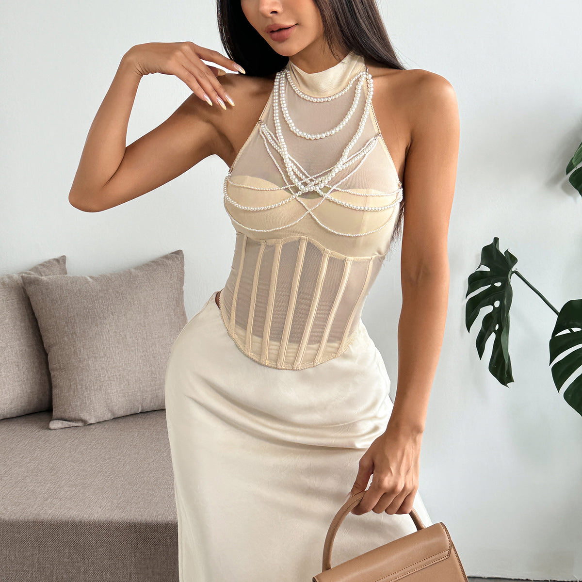 Pearl Embellished Corset Satin Maxi Top | Backless Halter | noémi