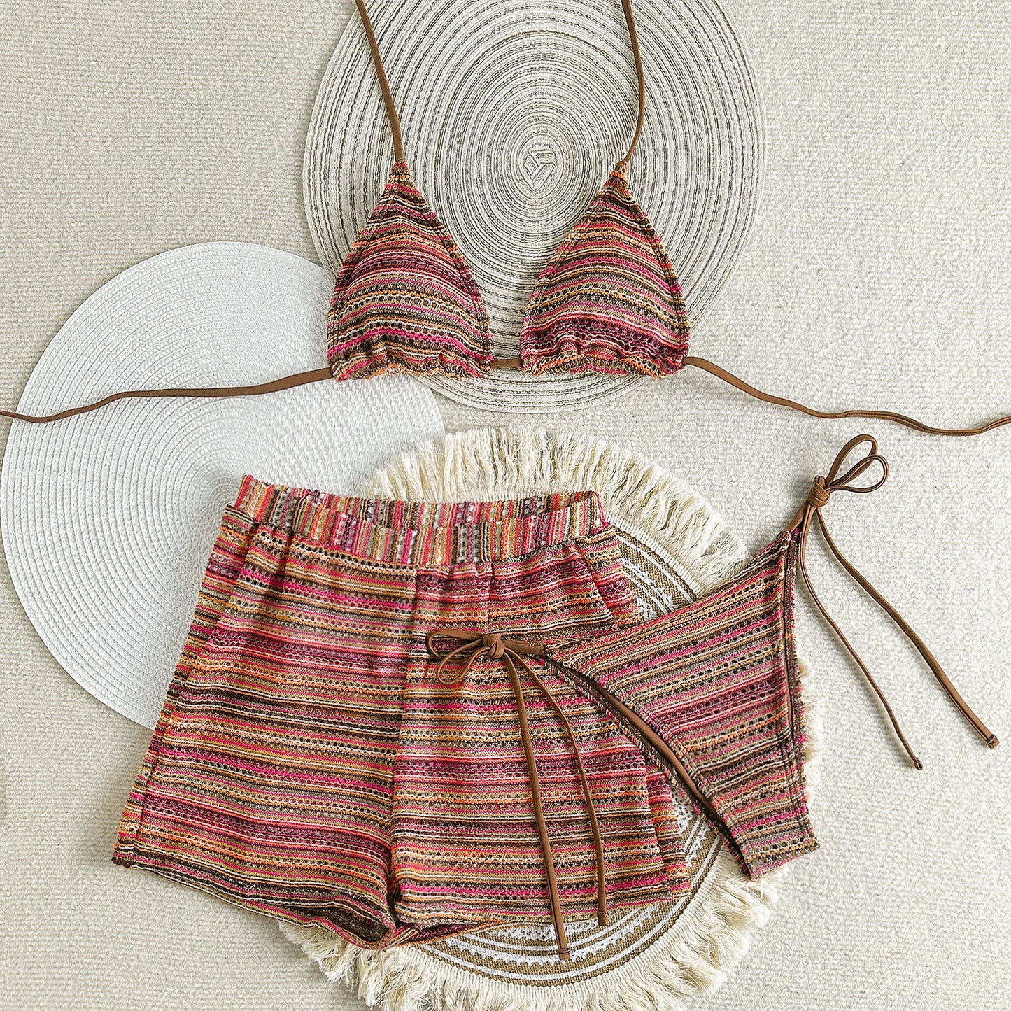 Knitted Halter Bikini with Contrast Colors Shorts | Three Piece Swim Set | noémi