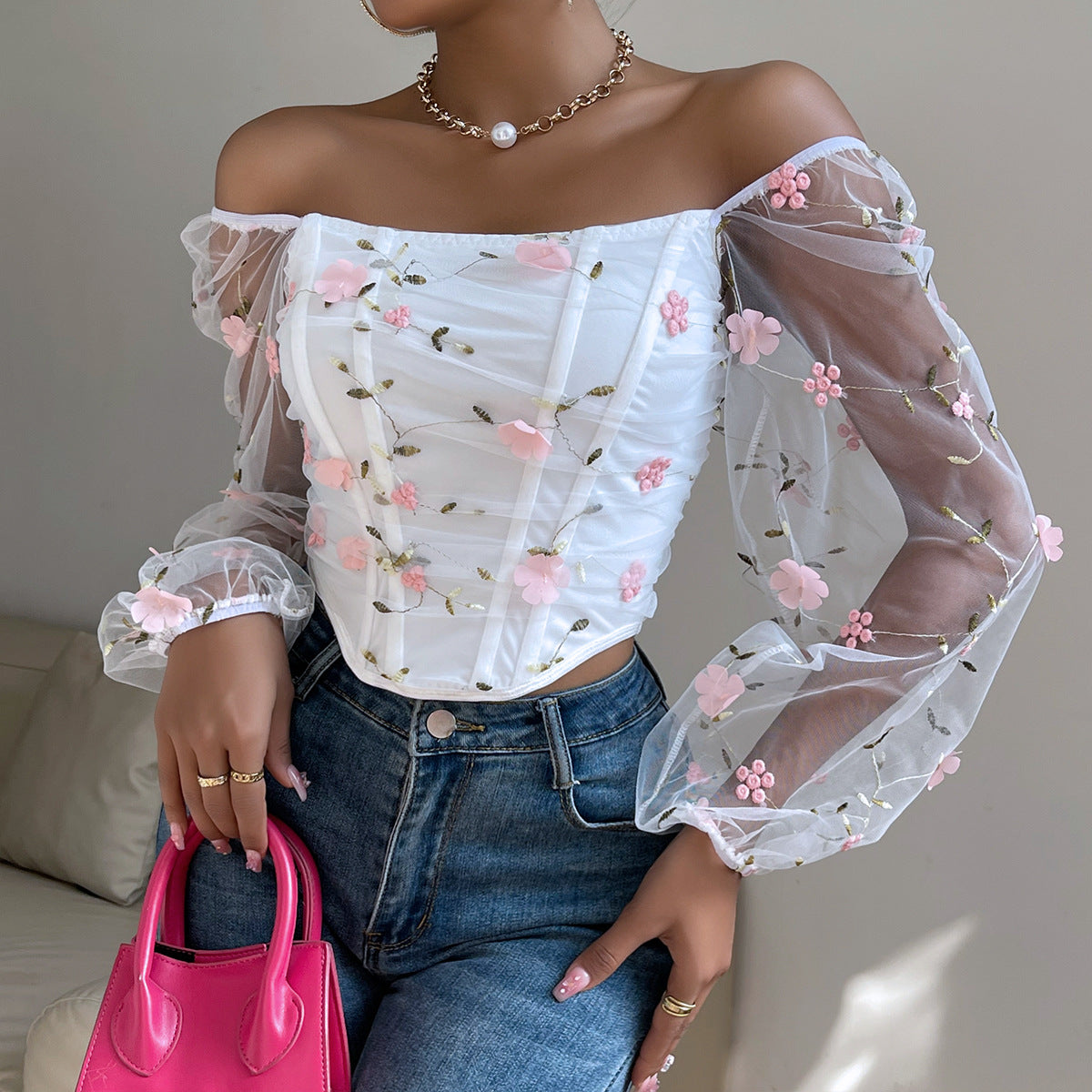 Floral Embroidered Mesh Corset Top | Sheer Long Sleeve Boned Bra | noémi