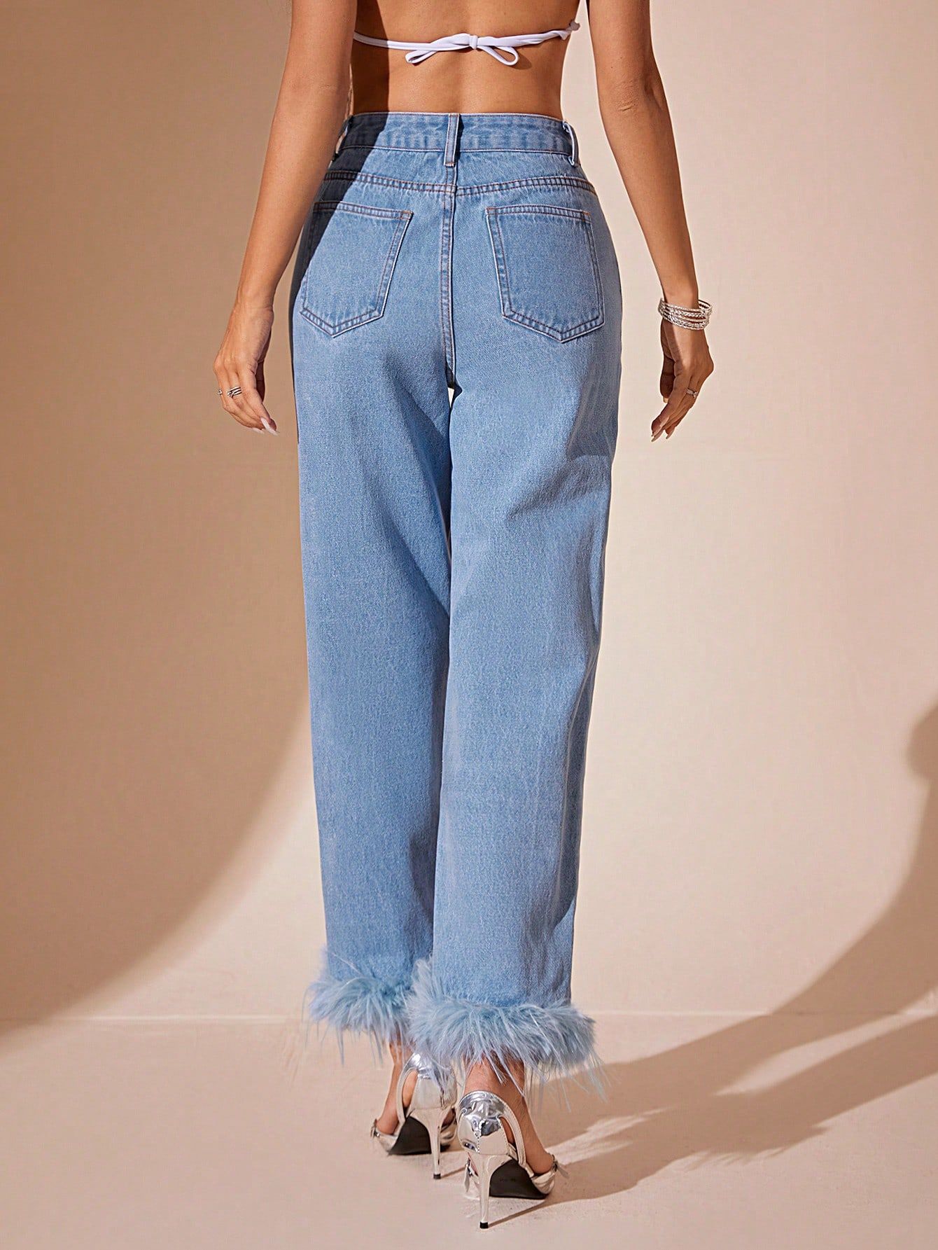 Feather Hem Straight Leg Jeans | High Waisted Blue Denim with Luxe Trim | noémi