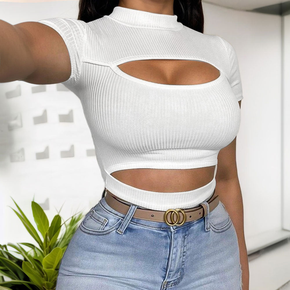 White Ribbed Cutout Crop Top | Short Sleeve, Stretch Fit | noémi