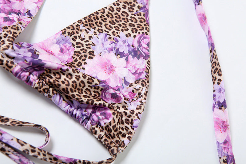 Purple Floral & Leopard Print Micro Bikini Set | Triangle Top & Tie Side Bottoms | noémi