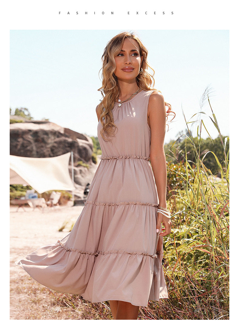 Womens Vest Dress | Solid Color Pleated Design with Wooden Earrings | noémi