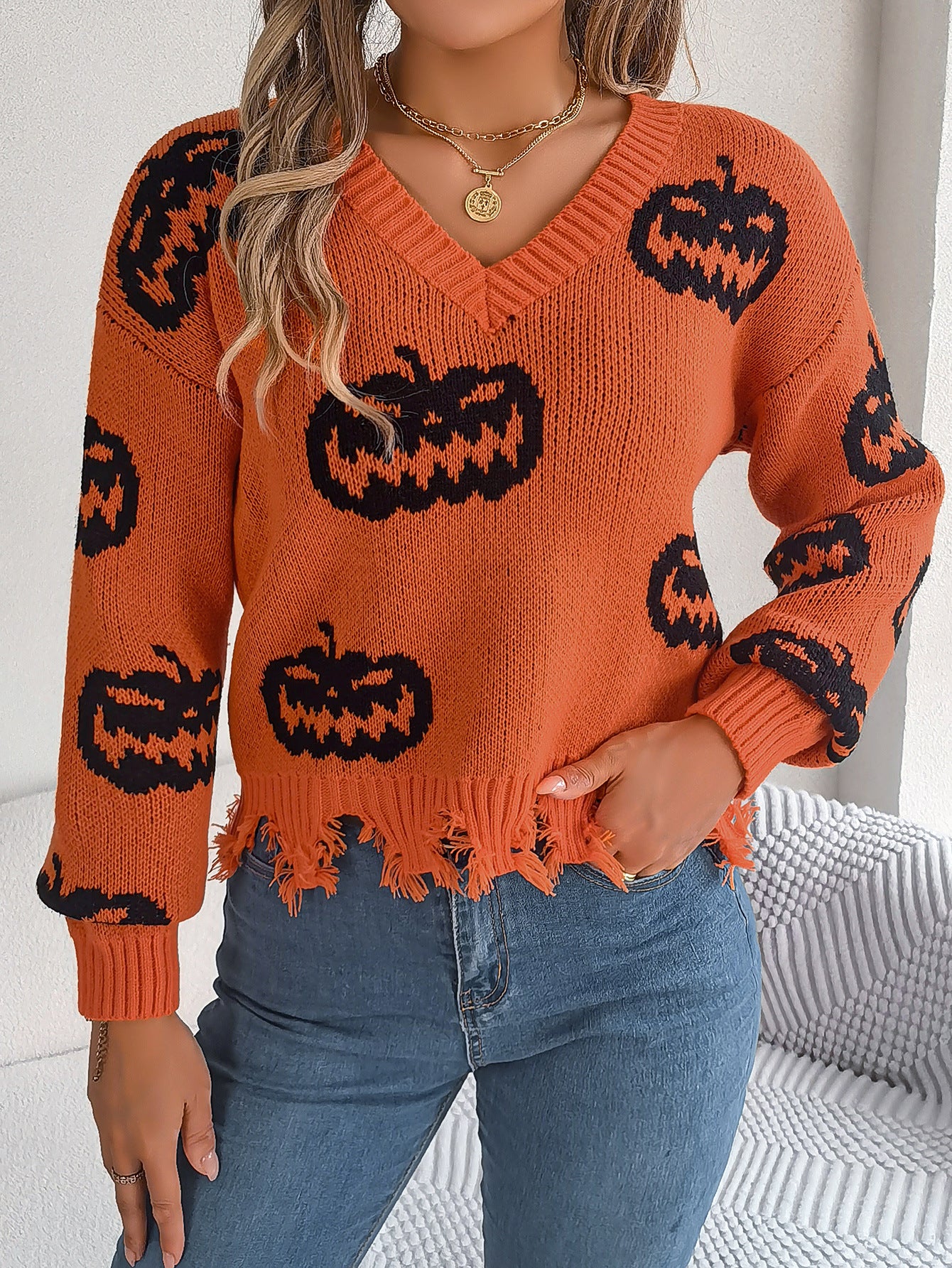Halloween Pumpkin Sweater for Women | Cut Out Pullover with Distressed Hem | noémi