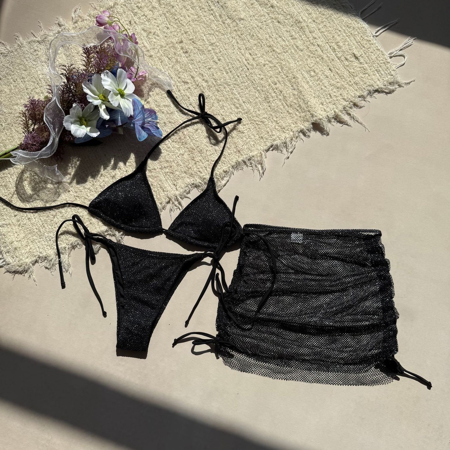 Lace Up Three Piece Split Bikini Swimsuit in Solid Color | noémi