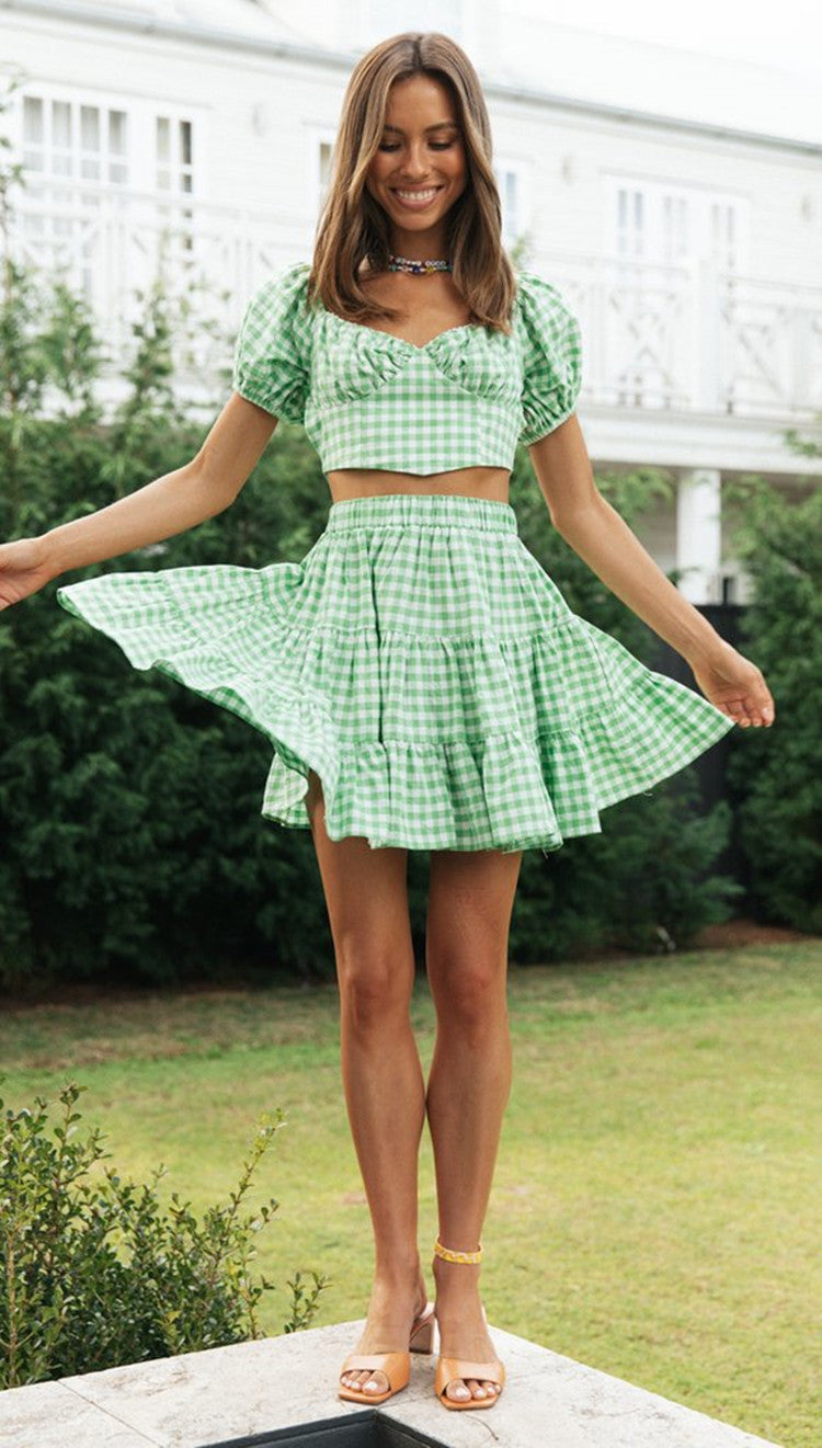 Plaid Backless Crop Top & Tiered Skirt Set | Gingham Two Piece Co Ord | noémi