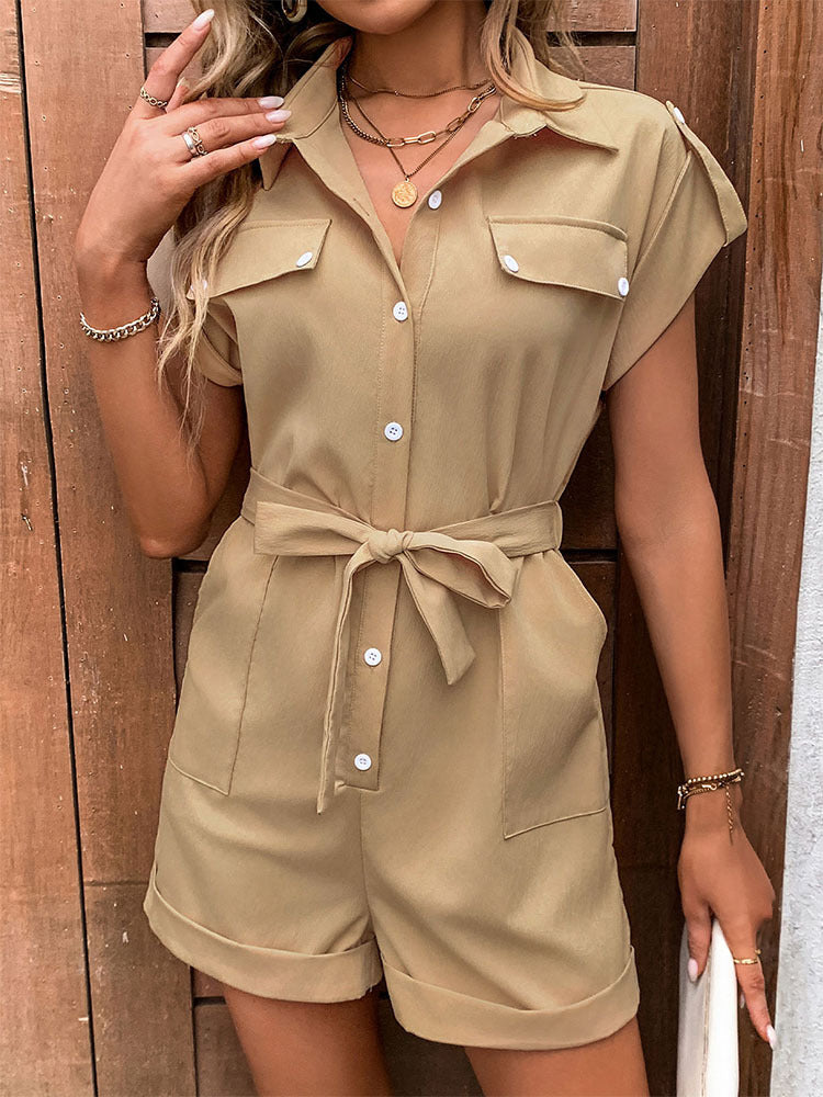 Summer Collared Short Sleeve Button Up Belted Jumpsuit | noémi