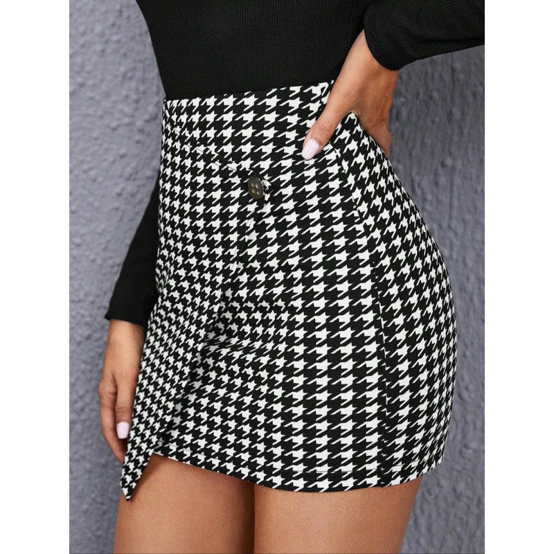 Houndstooth Wrap Mini Skirt | Black & White High Waist Bodycon Fit | noémi
