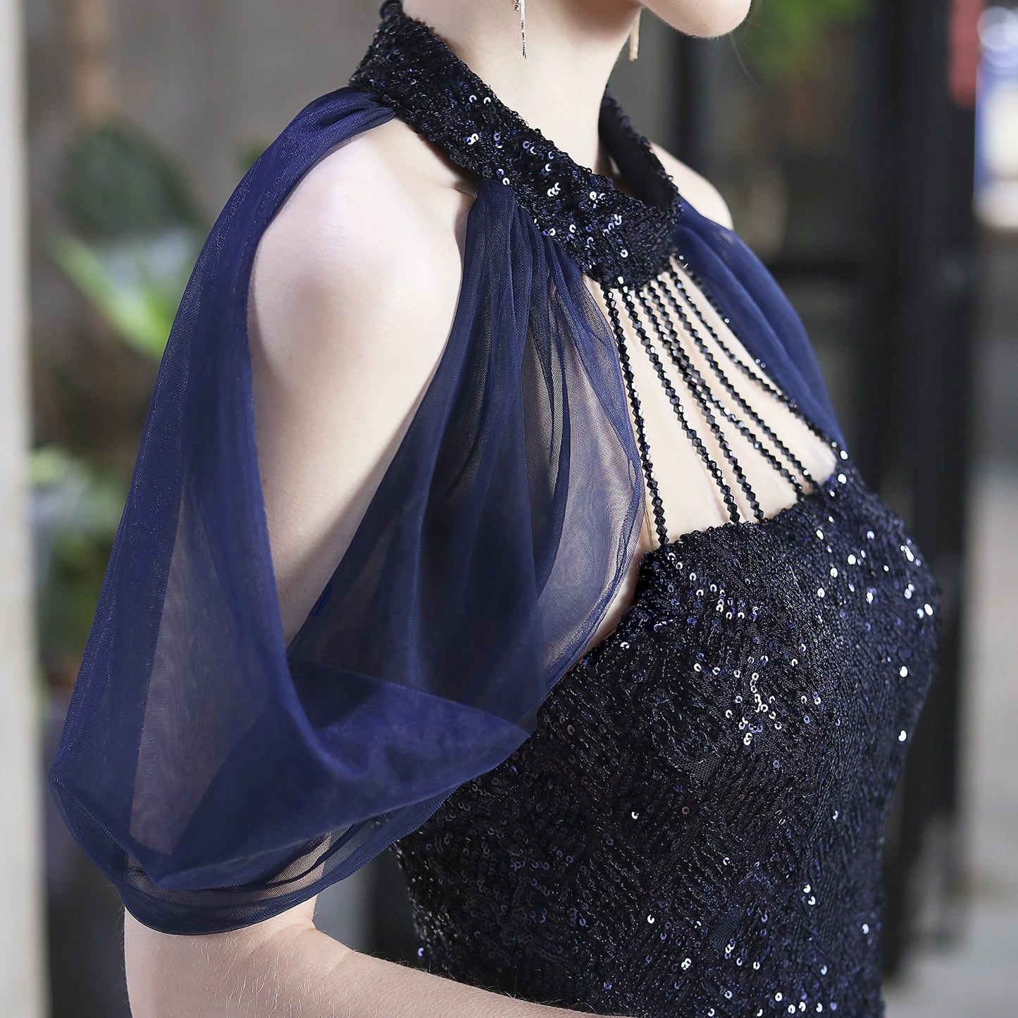 Sequin Gown with Sheer Cape | Sparkling Maxi Fishtail Dress | noémi