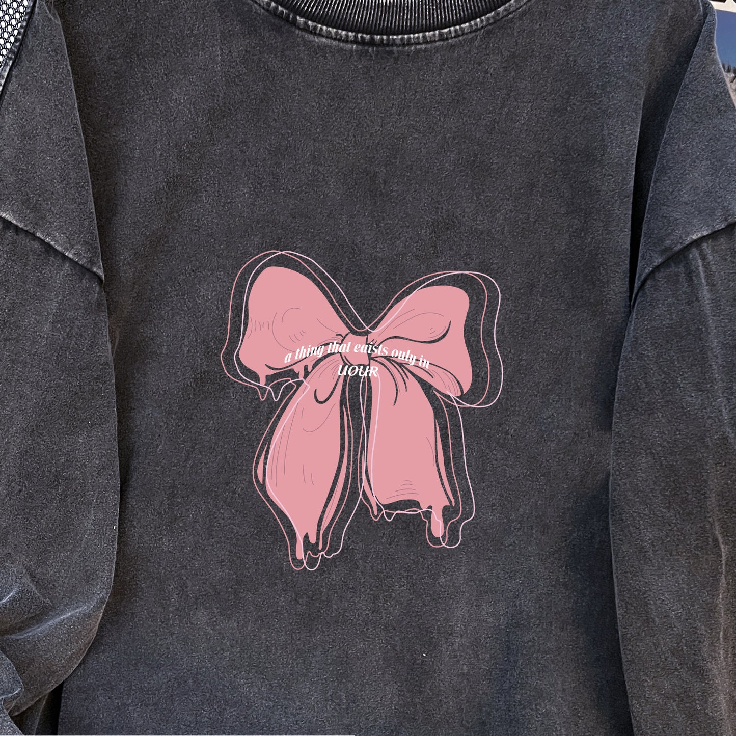 Fleece Lined Bow Sweater | Washed Black, Thickened Loose Fit | noémi