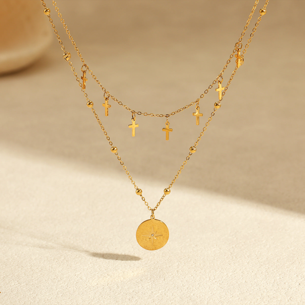 Retro Double Layer Cross & Star Pendant Necklace | Stainless Steel, Gold & Silver | noémi