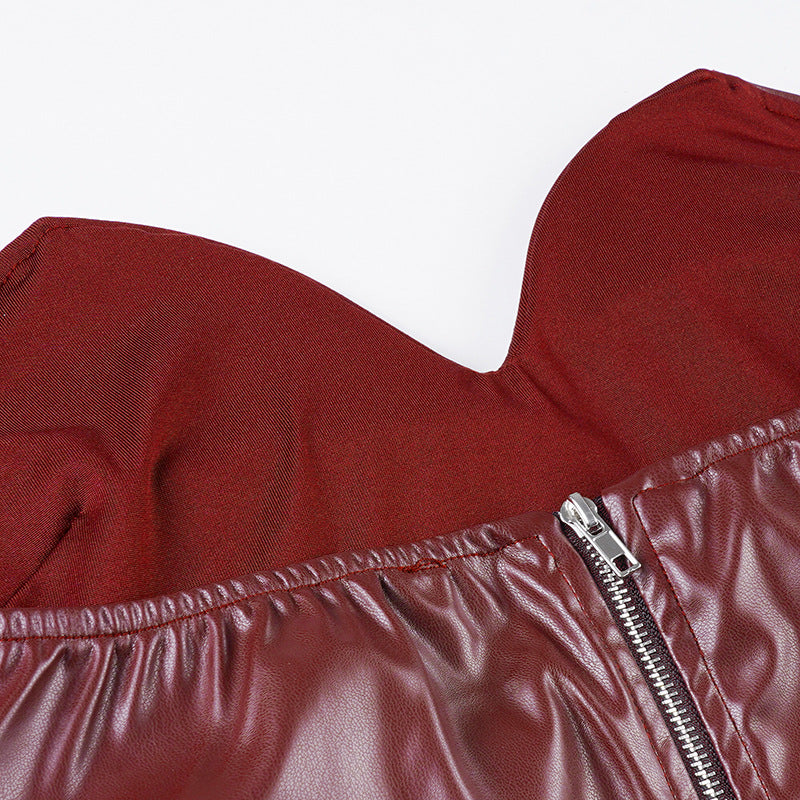 Faux Leather Bandeau Top | Asymmetric VNeck, Pleated Waist, Strapless, Wine Red | noémi